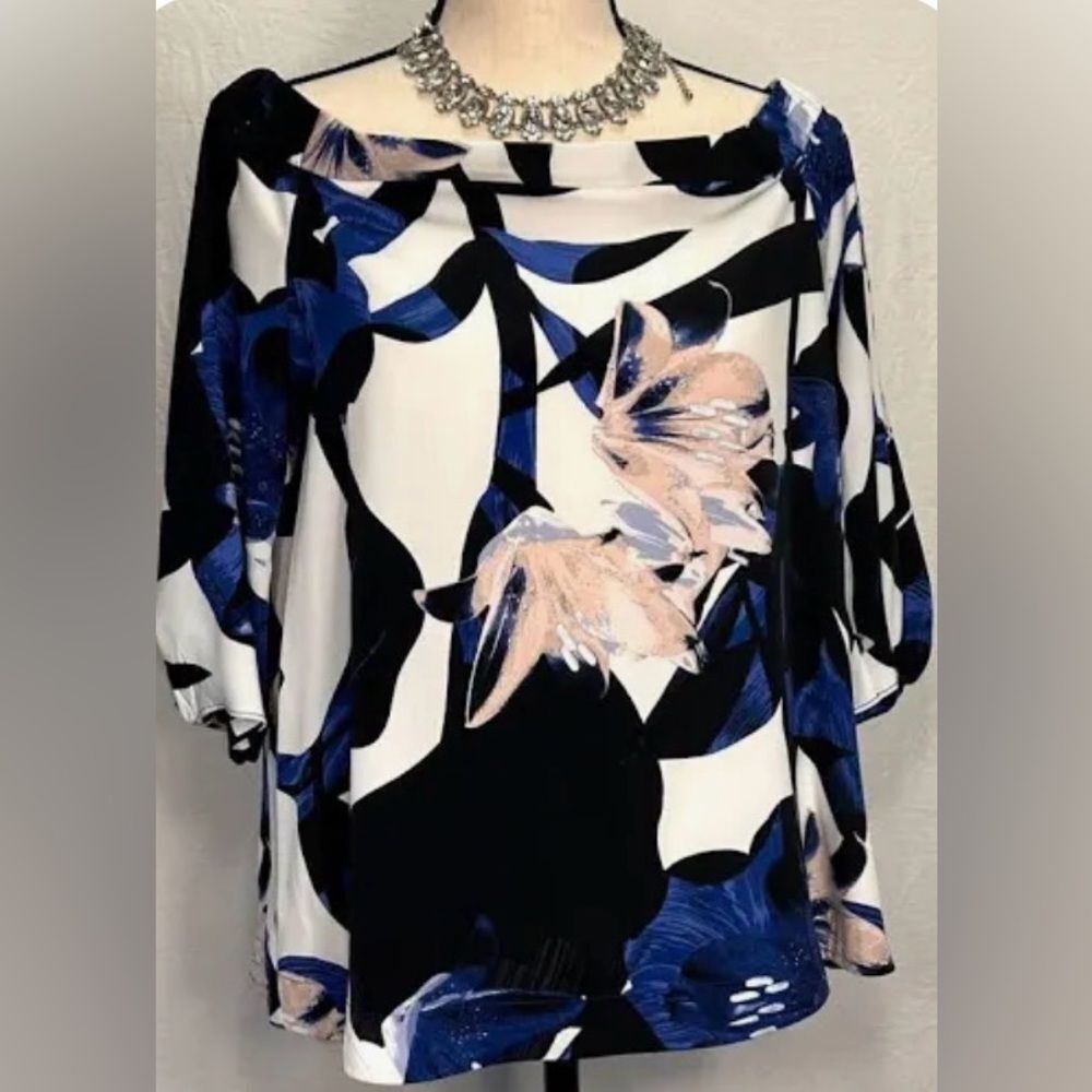 1.STATE Floral Off-Shoulder Blouse Large Blue White Pink Sleeve Knot Work Top